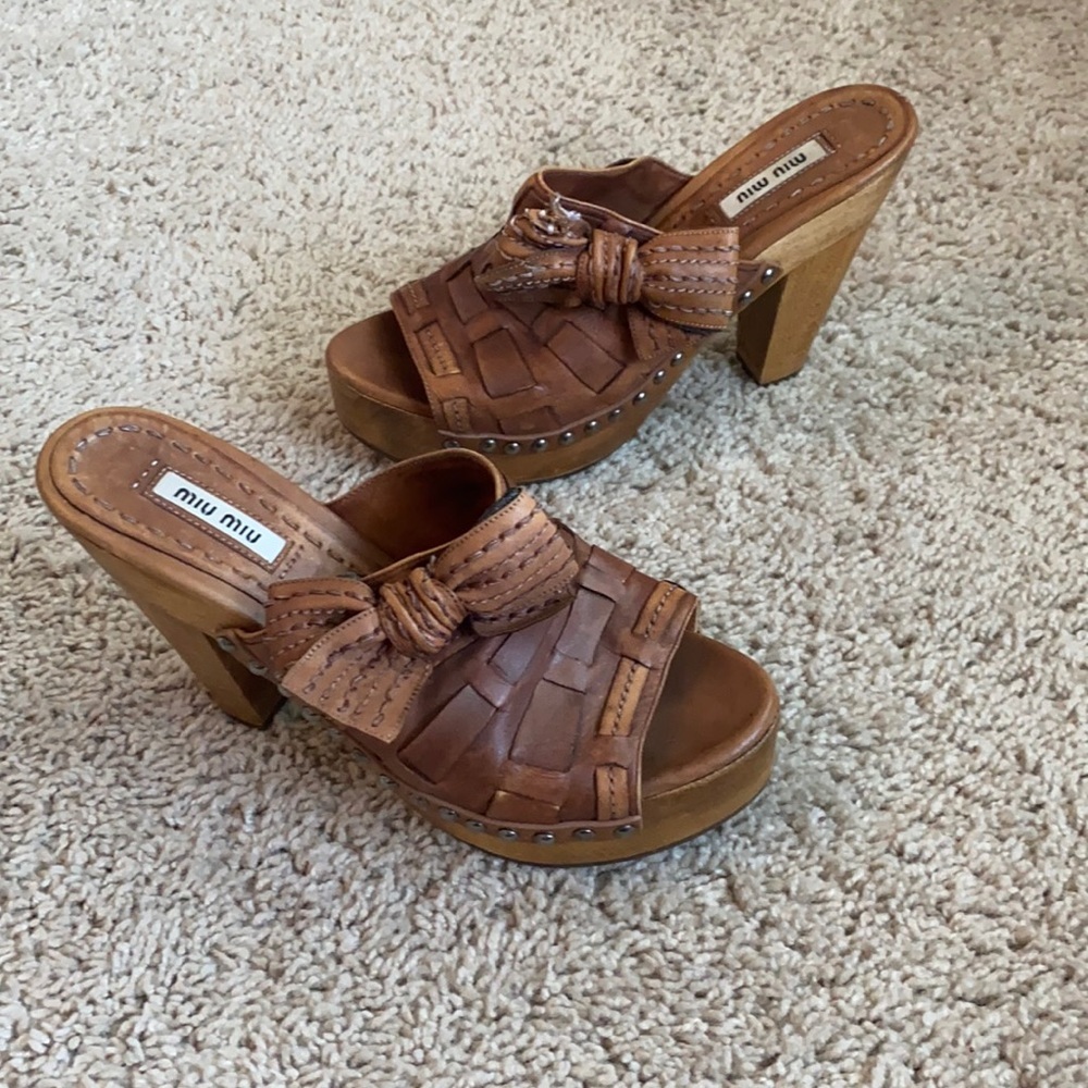 Miu Miu boho woven leather platform wood clog heels sandals 36.5 Y2K